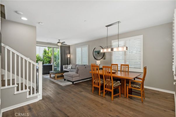 Dining room, Interior, Living room, Pendant Lights, Recessed Lighting, Wood Texture Flooring