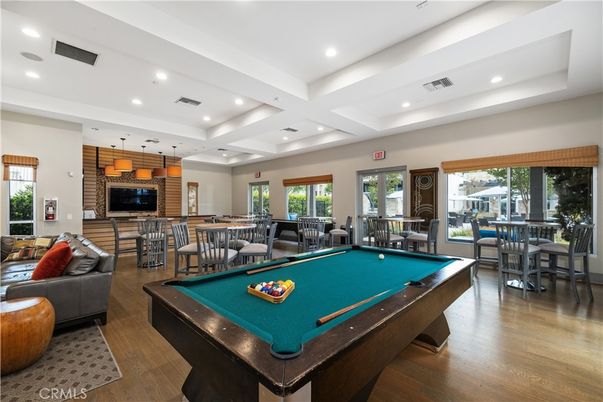 Billiard Table, Dining room, Game Room, Interior, Living room, Pendant Lights, Recessed Lighting, Wood Texture Flooring