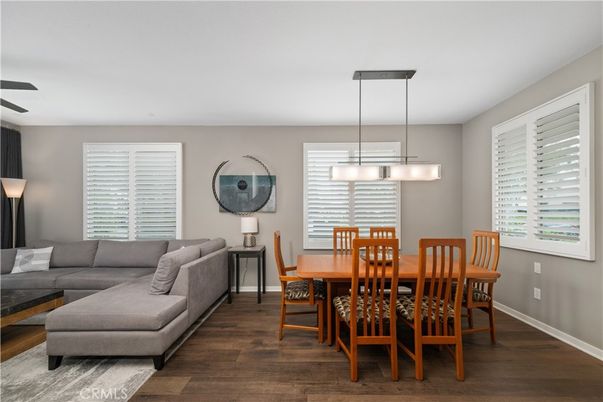 Dining room, Interior, Living room, Pendant Lights, Wood Texture Flooring