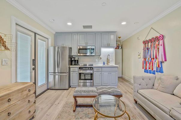 Interior, Kitchen, Recessed Lighting, Stainless Steel Appliances, Wood Texture Flooring