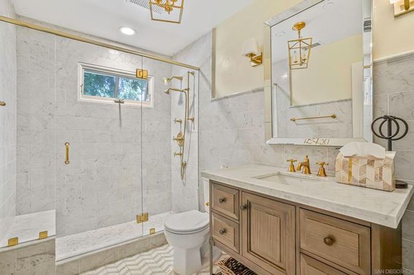 Bathroom, Glass Shower, Interior, Marble Walls, Recessed Lighting