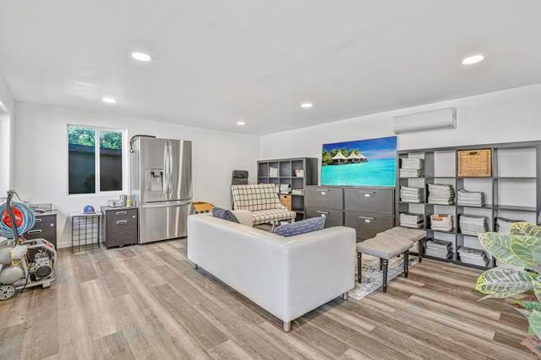 Interior, Kitchen, Living room, Recessed Lighting, Stainless Steel Appliances, Wood Texture Flooring