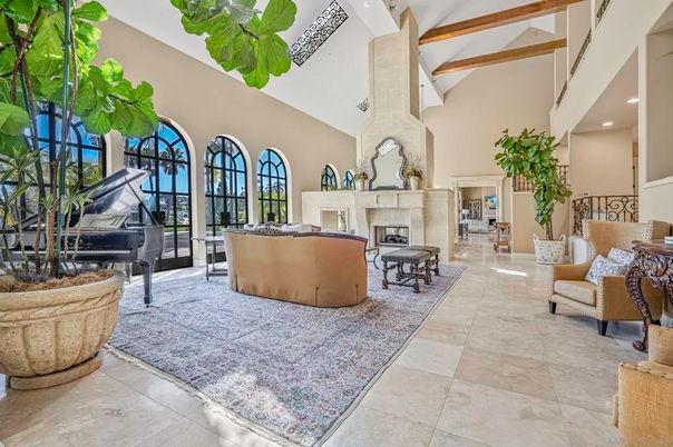Fireplace, Interior, Living room, Piano, Recessed Lighting, Wooden Beams