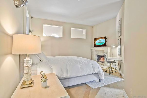 Bedroom, Fireplace, Interior, Wood Texture Flooring