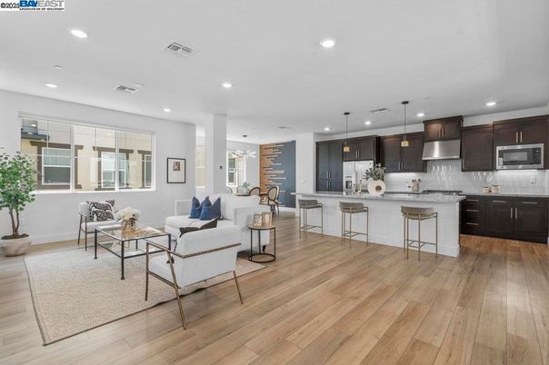 Interior, Kitchen, Living room, Pendant Lights, Recessed Lighting, Stainless Steel Appliances, Wood Texture Flooring