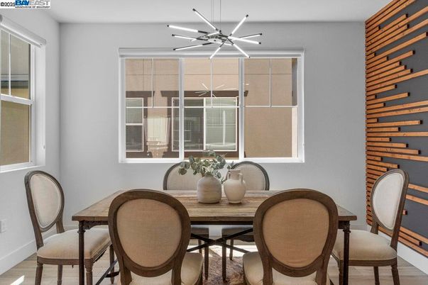 Dining room, Interior, Pendant Lights, Wood Texture Flooring