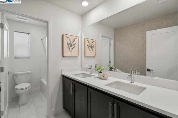 Bathroom, Dual Sink Vanities, Interior, Marble, Recessed Lighting
