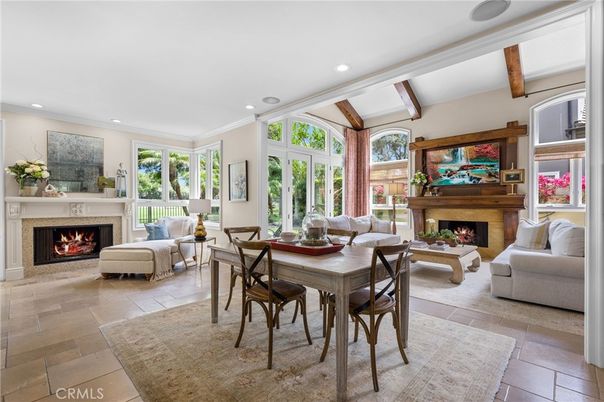 Dining room, Fireplace, Interior, Living room, Recessed Lighting, Wooden Beams