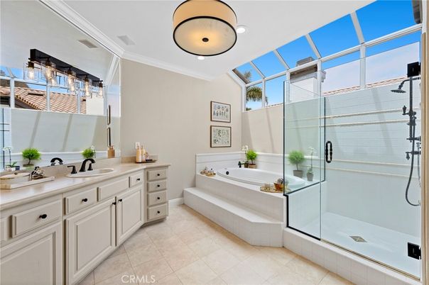 Bathroom, Dual Sink Vanities, Glass Ceilings, Glass Shower, Interior, Recessed Lighting