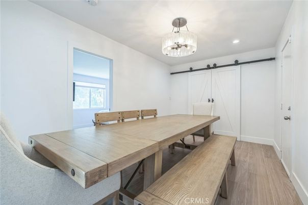 Dining room, Interior, Pendant Lights, Recessed Lighting, Wood Texture Flooring
