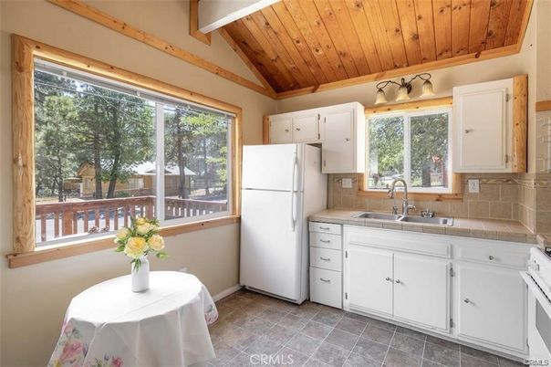Interior, Kitchen, Tile Countertops, Wooden Ceilings
