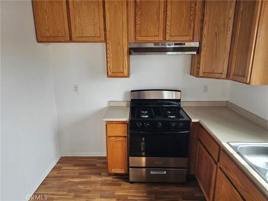 Interior, Kitchen, Tile Countertops, Wood Texture Flooring