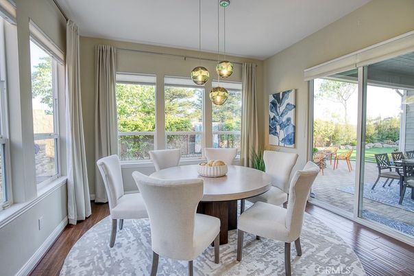 Dining room, Interior, Pendant Lights, Wood Texture Flooring