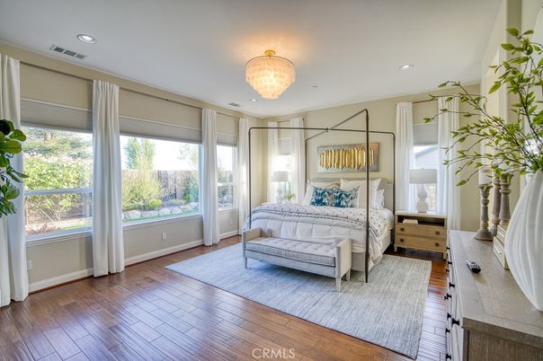 Bedroom, Chandelier, Interior, Recessed Lighting, Wood Texture Flooring