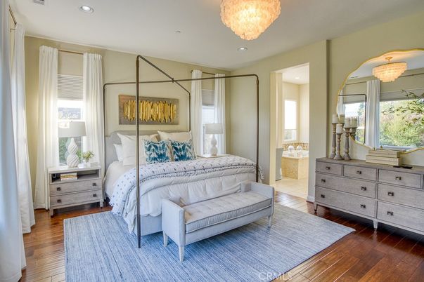 Bedroom, Chandelier, Interior, Recessed Lighting, Wood Texture Flooring