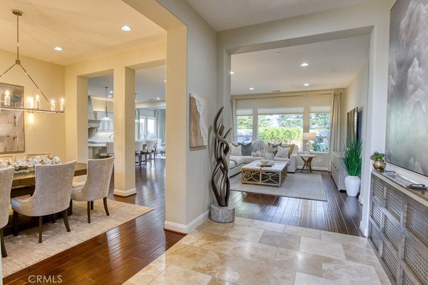Dining room, Interior, Living room, Pendant Lights, Recessed Lighting, Wood Texture Flooring