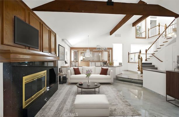 Fireplace, Interior, Living room, Pendant Lights, Wooden Beams