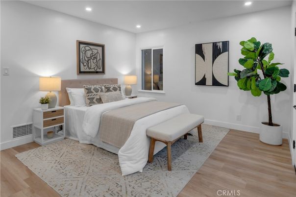 Bedroom, Interior, Recessed Lighting, Wood Texture Flooring