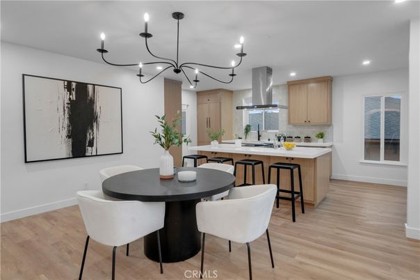 Chandelier, Dining room, Interior, Kitchen, Recessed Lighting, Wood Texture Flooring