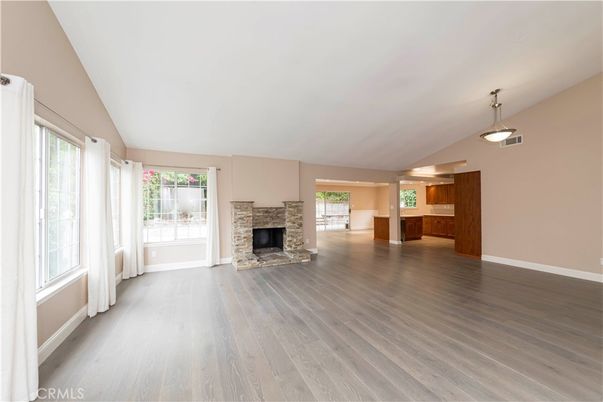 Empty room, Fireplace, Interior, Pendant Lights, Wood Texture Flooring