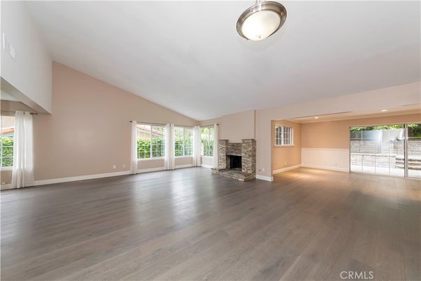 Empty room, Fireplace, Interior, Recessed Lighting, Wood Texture Flooring