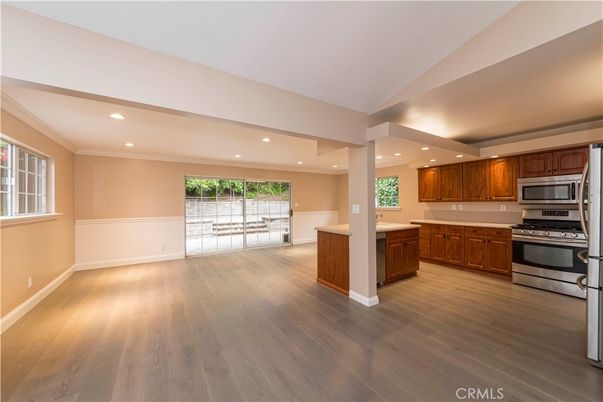 Interior, Kitchen, Recessed Lighting, Stainless Steel Appliances, Wood Texture Flooring