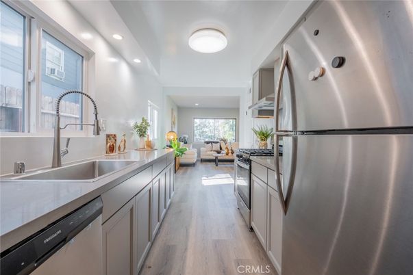Interior, Kitchen, Living room, Recessed Lighting, Stainless Steel Appliances, Wood Texture Flooring