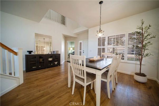 Dining room, Interior, Pendant Lights, Wood Texture Flooring