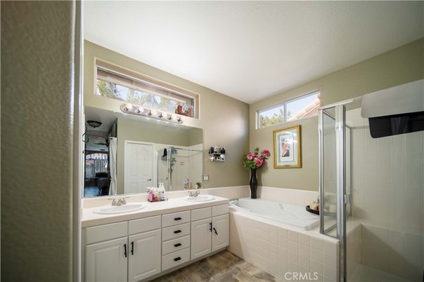 Bathroom, Dual Sink Vanities, Glass Shower, Interior, Wood Texture Flooring