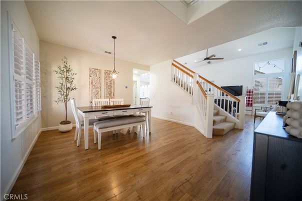 Dining room, Interior, Pendant Lights, Recessed Lighting, Wood Texture Flooring
