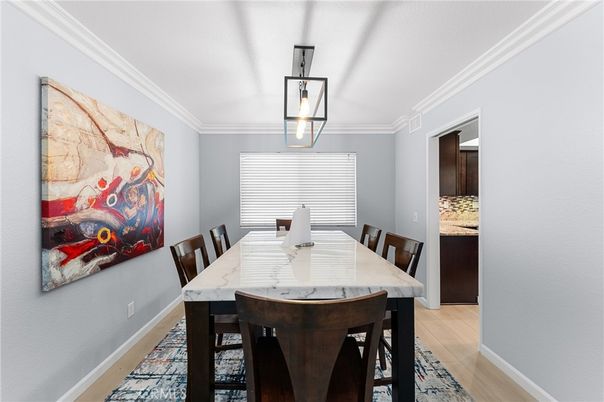 Dining room, Interior, Pendant Lights, Wood Texture Flooring