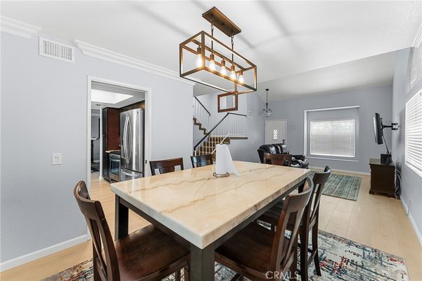 Dining room, Interior, Pendant Lights, Wood Texture Flooring