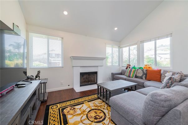 Fireplace, Interior, Living room, Recessed Lighting, Wood Texture Flooring