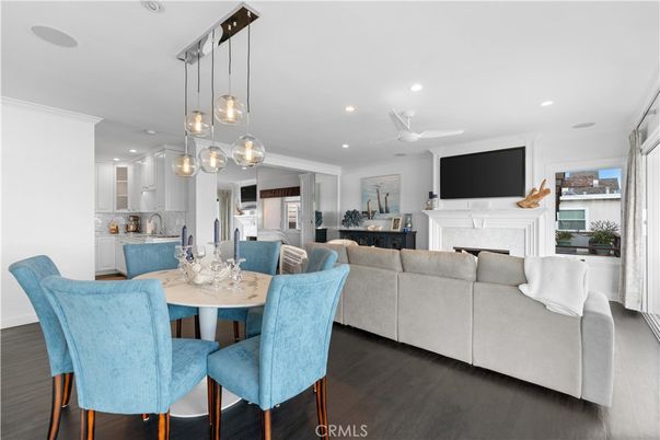Dining room, Fireplace, Interior, Kitchen, Living room, Pendant Lights, Recessed Lighting, Wood Texture Flooring