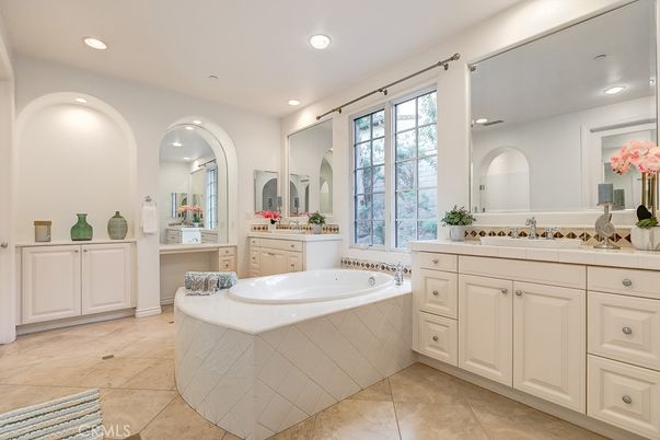 Bathroom, Dual Sink Vanities, Interior, Recessed Lighting, Tile Countertops