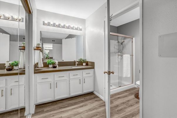 Bathroom, Glass Shower, Interior, Wood Texture Flooring