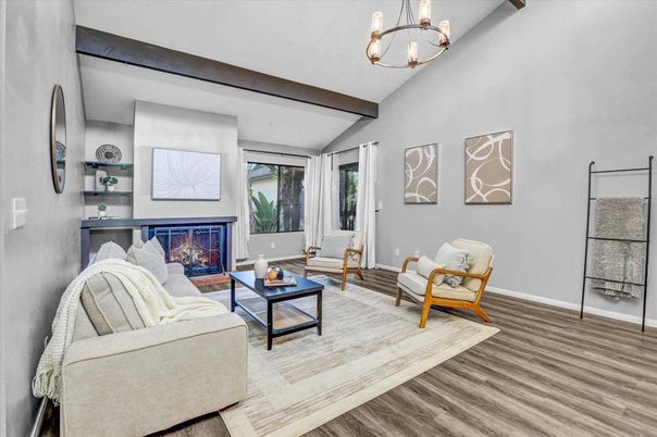 Fireplace, Interior, Living room, Pendant Lights, Wood Texture Flooring