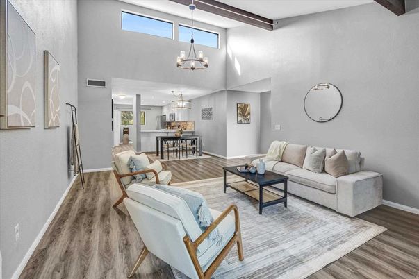 Chandelier, Dining room, Interior, Kitchen, Living room, Pendant Lights, Recessed Lighting, Wooden Beams, Wood Texture Flooring