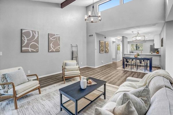 Chandelier, Dining room, Interior, Kitchen, Living room, Pendant Lights, Recessed Lighting, Wooden Beams, Wood Texture Flooring