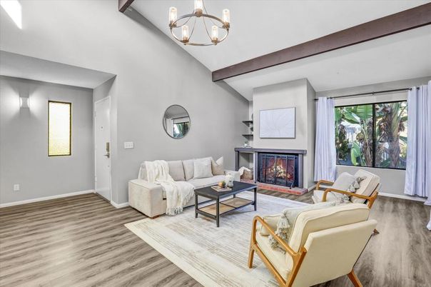 Chandelier, Fireplace, Interior, Living room, Wooden Beams, Wood Texture Flooring