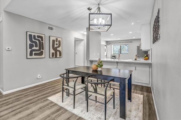 Dining room, Interior, Kitchen, Recessed Lighting, Wood Texture Flooring