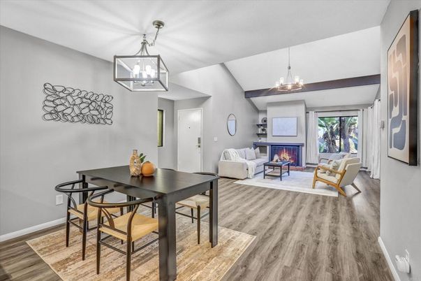 Dining room, Fireplace, Interior, Living room, Pendant Lights, Wood Texture Flooring