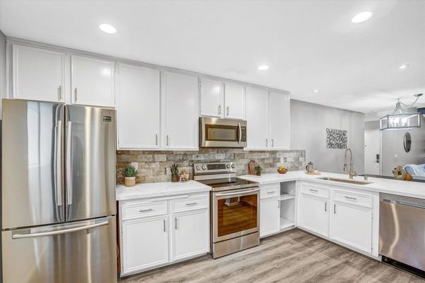 Interior, Kitchen, Recessed Lighting, Stainless Steel Appliances, Wood Texture Flooring