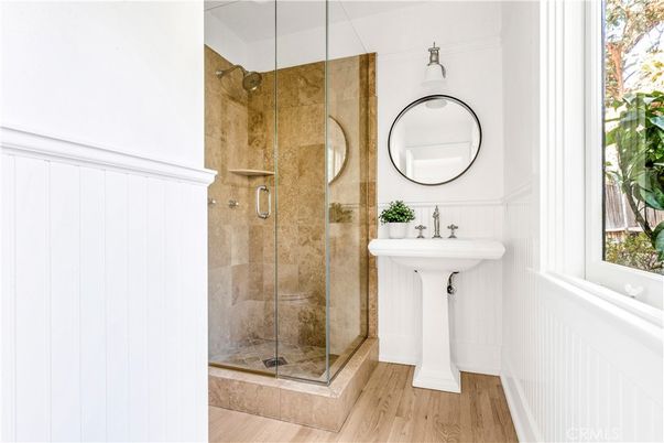 Bathroom, Glass Shower, Interior, Wood Texture Flooring