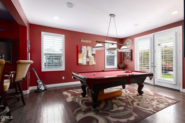 Billiard Table, Game Room, Interior, Pendant Lights, Recessed Lighting, Wood Texture Flooring