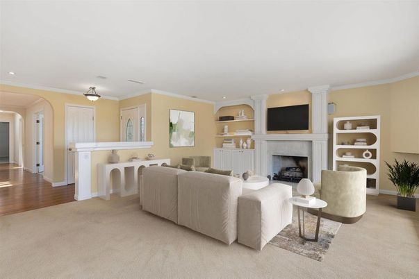 Fireplace, Interior, Living room, Recessed Lighting, Wood Texture Flooring
