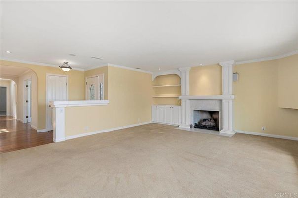 Empty room, Fireplace, Interior, Recessed Lighting, Wood Texture Flooring