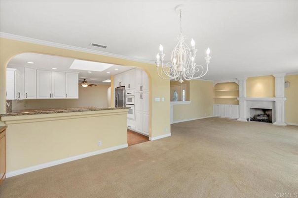 Chandelier, Empty room, Fireplace, Interior, Kitchen, Recessed Lighting
