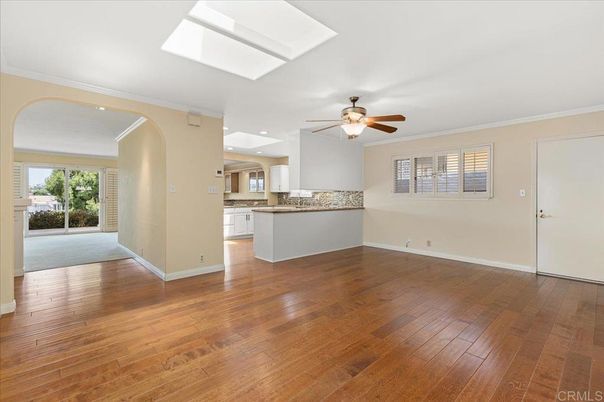 Empty room, Interior, Kitchen, Recessed Lighting, Wood Texture Flooring