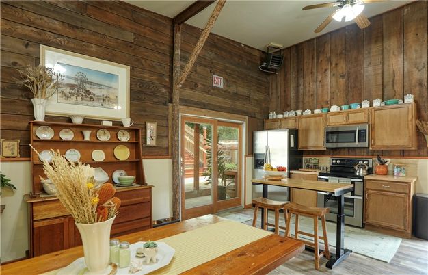 Interior, Kitchen, Stainless Steel Appliances, Wood Texture Flooring, Wooden Walls